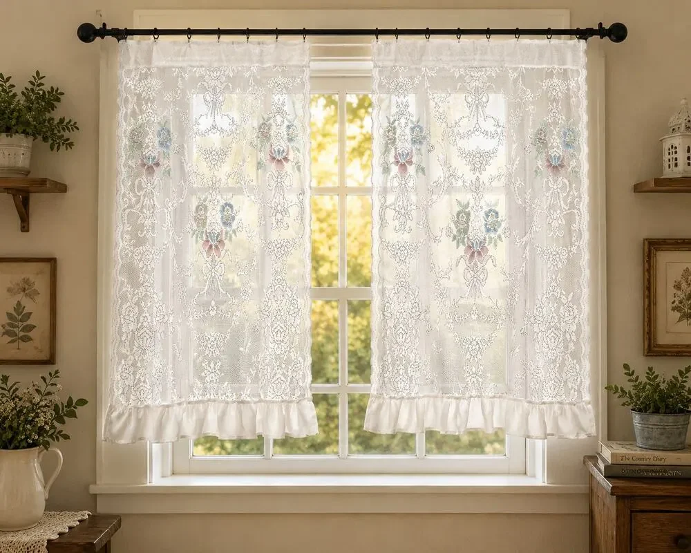 Vintage Lace Curtain Panels Ruffle Trim Floral Cottagecore Shabby Chic 36x29 Set